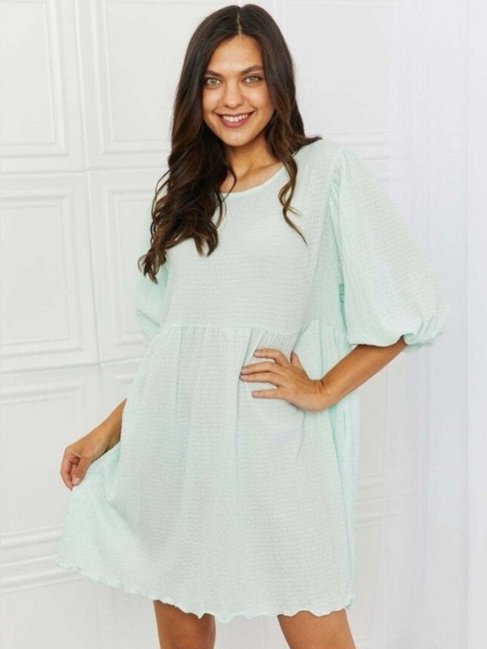 NWOT Culture Code Puff Sleeve Smocked Babydoll Dress Mint- Size Small